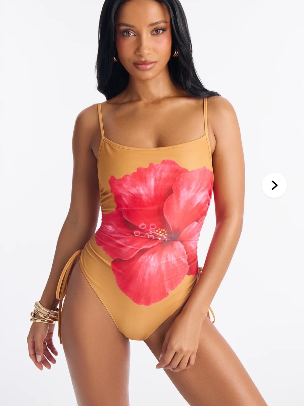 One Piece Swimsuit in Mustard with Red Floral Print XL nwt